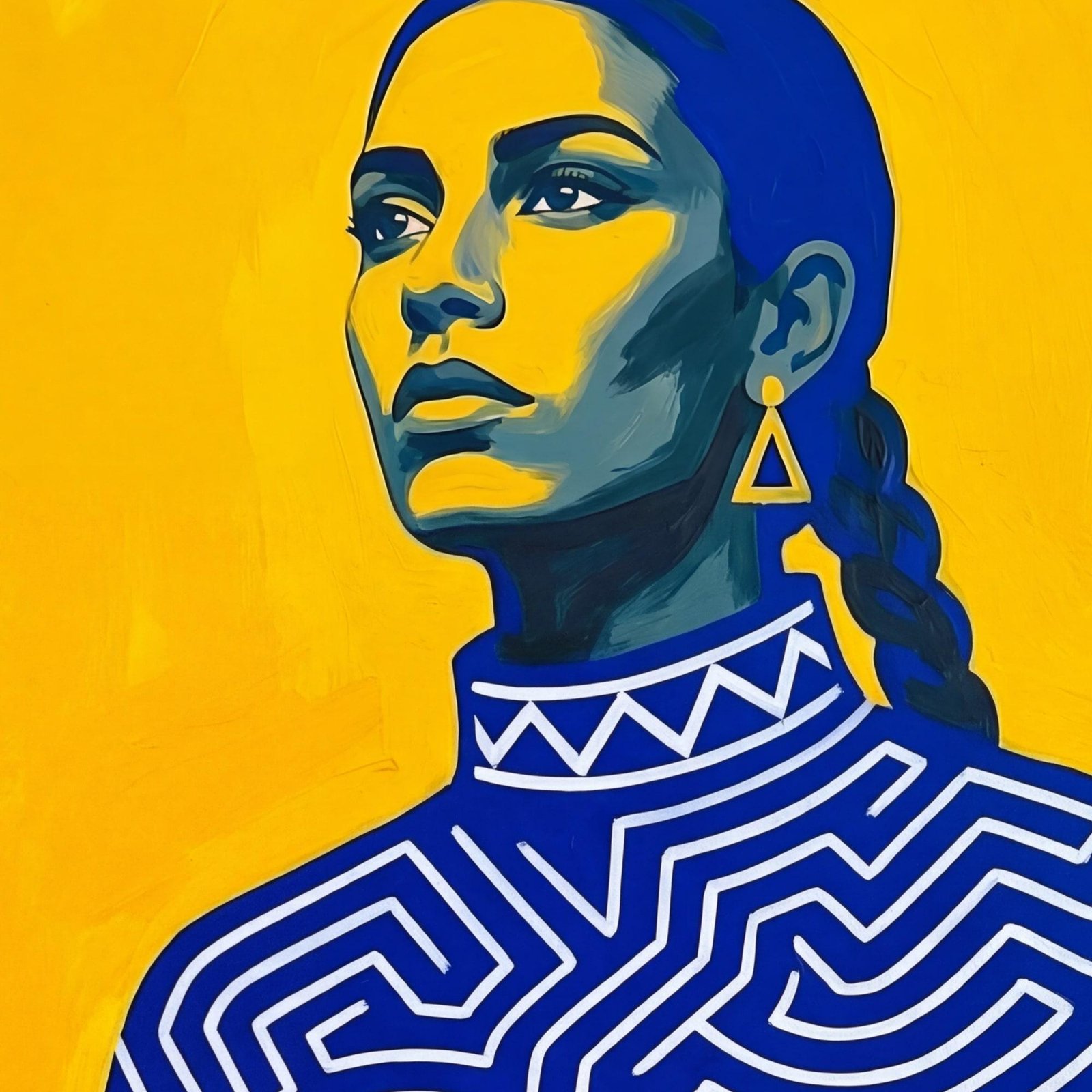 Le labyrinthe, Portrait Pop Art Femme Bleu et Jaune inspiré de Amedeo Modigliani et Gustav Klimt