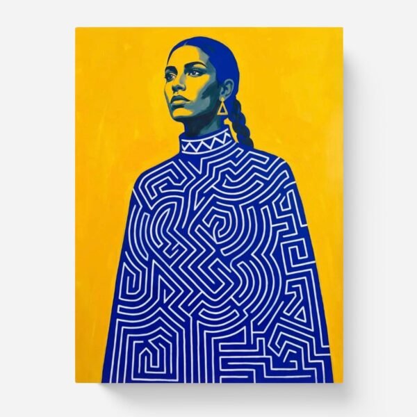 Le labyrinthe, Portrait Pop Art Femme Bleu et Jaune inspiré de Amedeo Modigliani et Gustav Klimt