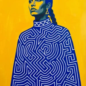 Le labyrinthe, Portrait Pop Art Femme Bleu et Jaune inspiré de Amedeo Modigliani et Gustav Klimt