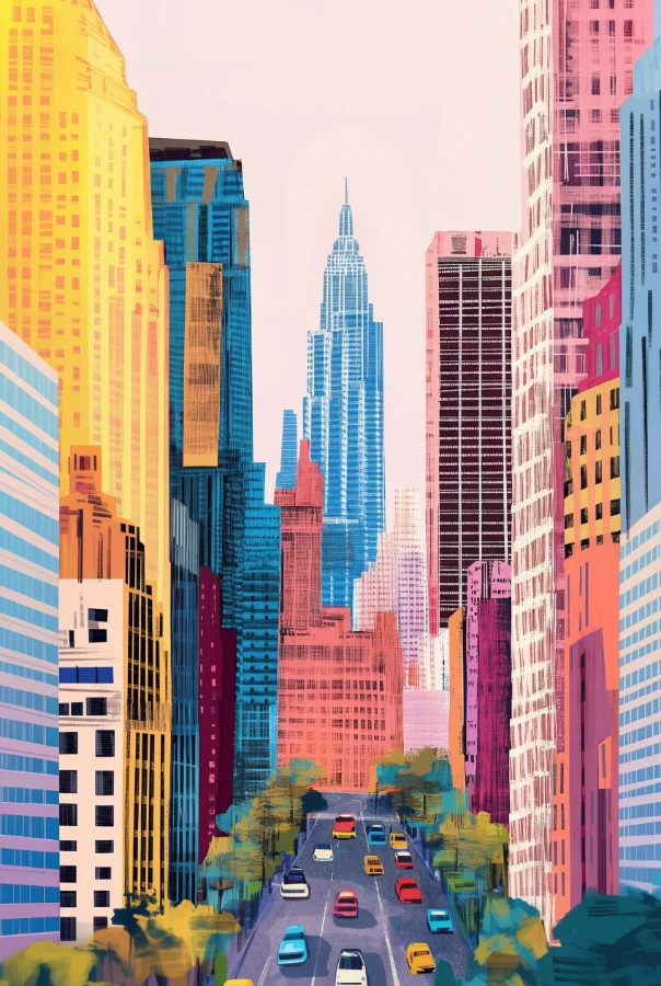 NY, Manhattan Coloré Affiche Style Pop Art inspiré de Andy Warhol et Wayne Thiebaud