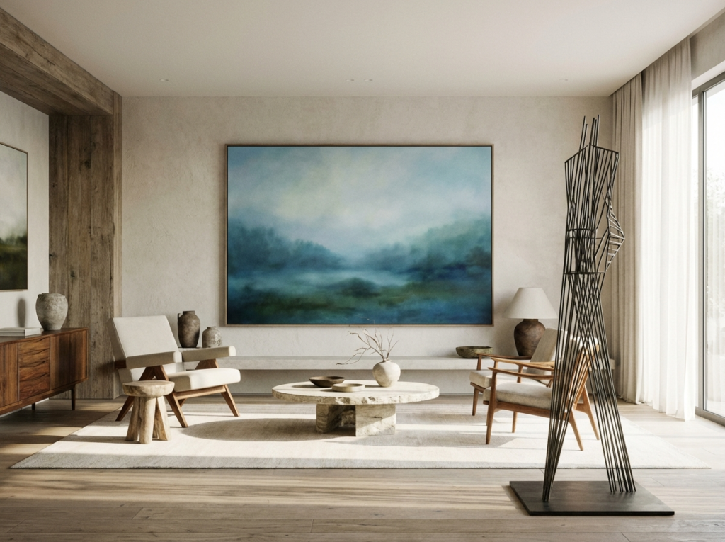 Salon lumineux avec grande œuvre murale de paysage brumeux en tons bleus et verts apaisants.