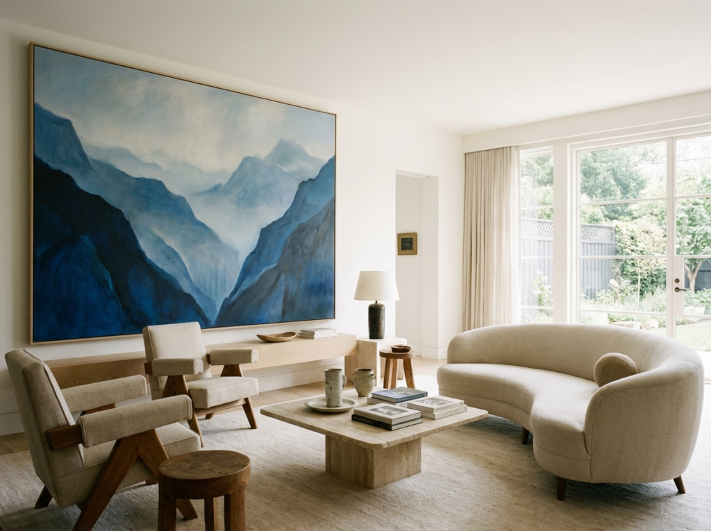 Salon apaisant avec grande toile de paysage brumeux bleu-vert accrochée au-dessus d’un canapé clair.