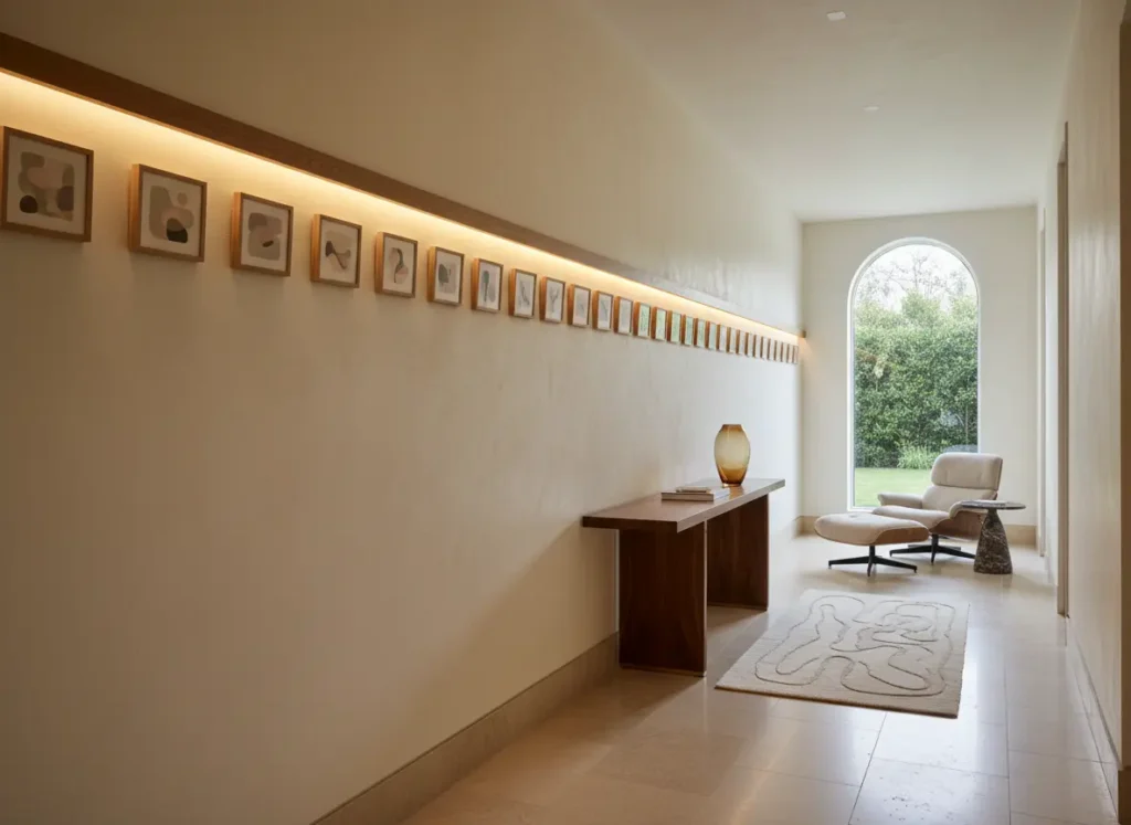 Couloir contemporain avec petites œuvres abstraites douces et éclairage chaud créant une promenade visuelle apaisante.