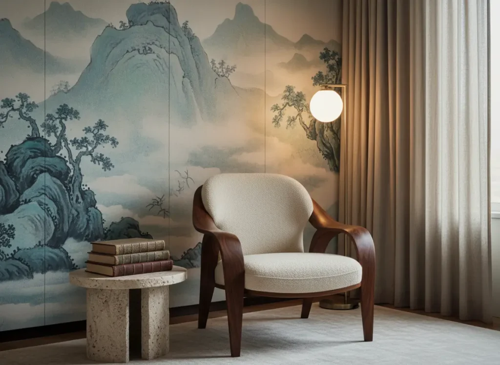 Coin lecture élégant avec fauteuil design et grand paysage naturel brumeux participant au sentiment de refuge apaisant.