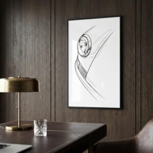 Dessin technique isolant un projecteur circulaire et une aile courbe. La composition linéaire privilégie le vide et la structure géométrique de l'objet industriel sans ornementation chromatique.