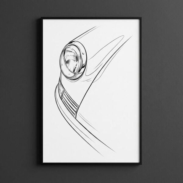 Dessin technique isolant un projecteur circulaire et une aile courbe. La composition linéaire privilégie le vide et la structure géométrique de l'objet industriel sans ornementation chromatique.
