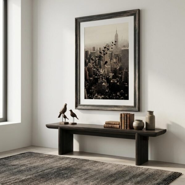 Une femme suspendue au-dessus de Manhattan se transforme en envolée d'oiseaux. Cette œuvre de photographie conceptuelle capture un instant de transition poétique où le corps humain fusionne avec le ciel, défiant les structures rigides des gratte-ciel new-yorkais.