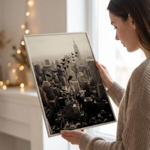 Une femme suspendue au-dessus de Manhattan se transforme en envolée d'oiseaux. Cette œuvre de photographie conceptuelle capture un instant de transition poétique où le corps humain fusionne avec le ciel, défiant les structures rigides des gratte-ciel new-yorkais.