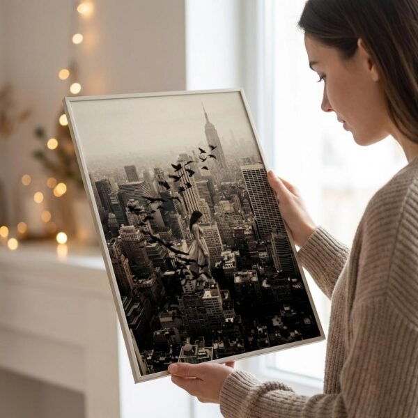 Une femme suspendue au-dessus de Manhattan se transforme en envolée d'oiseaux. Cette œuvre de photographie conceptuelle capture un instant de transition poétique où le corps humain fusionne avec le ciel, défiant les structures rigides des gratte-ciel new-yorkais.