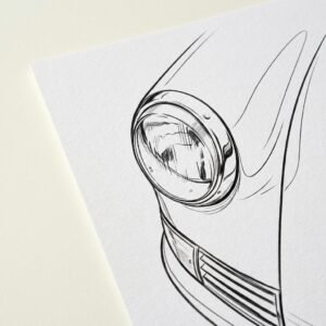Dessin technique isolant un projecteur circulaire et une aile courbe. La composition linéaire privilégie le vide et la structure géométrique de l'objet industriel sans ornementation chromatique.