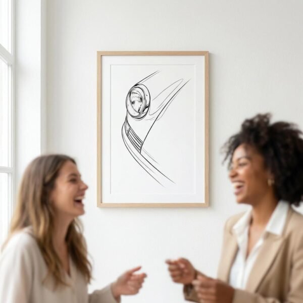 Dessin technique isolant un projecteur circulaire et une aile courbe. La composition linéaire privilégie le vide et la structure géométrique de l'objet industriel sans ornementation chromatique.
