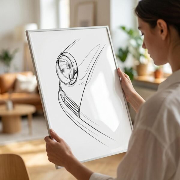 Dessin technique isolant un projecteur circulaire et une aile courbe. La composition linéaire privilégie le vide et la structure géométrique de l'objet industriel sans ornementation chromatique.