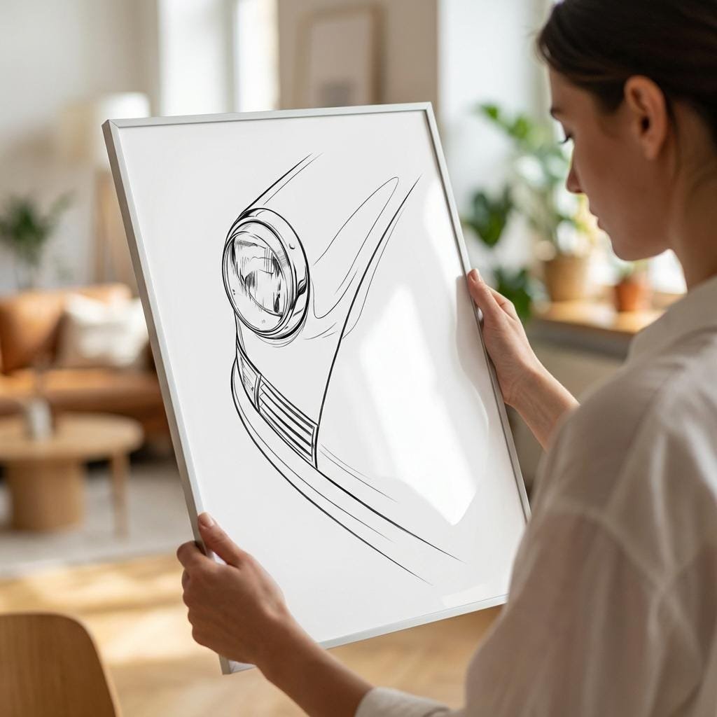 Dessin technique isolant un projecteur circulaire et une aile courbe. La composition linéaire privilégie le vide et la structure géométrique de l