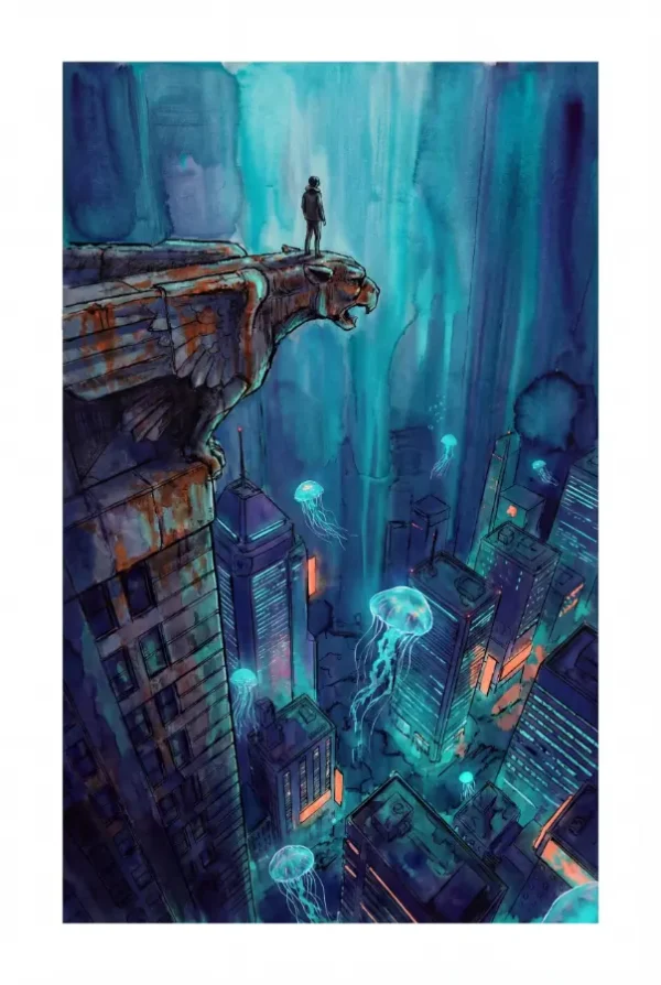 Illustration urbaine sous-marine sur papier