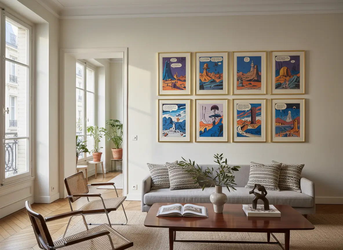 Mur de galerie domestique avec tirages encadrés inspirés de l’univers de Moebius.