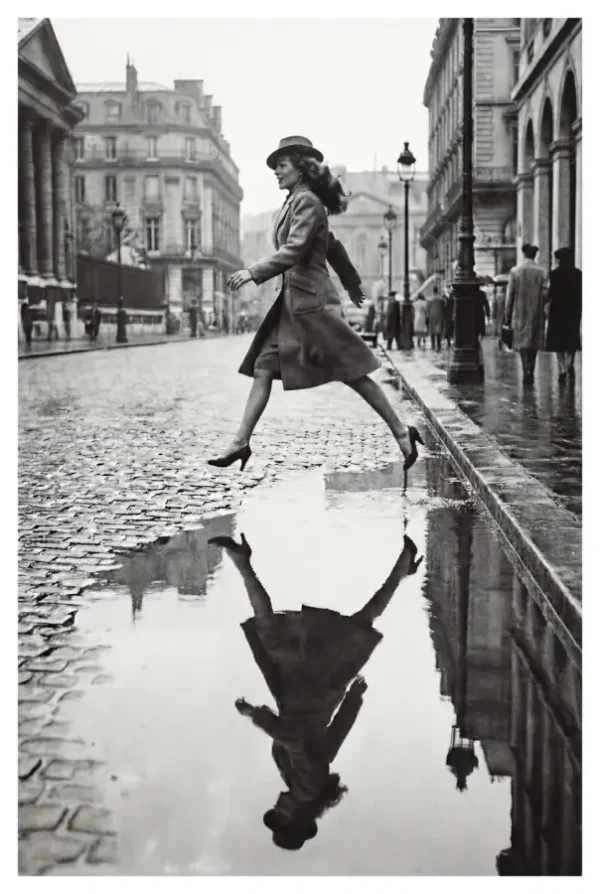 Le saut suspendu au dessus de la flaque, inspiré du moment décisif de Cartier-Bresson