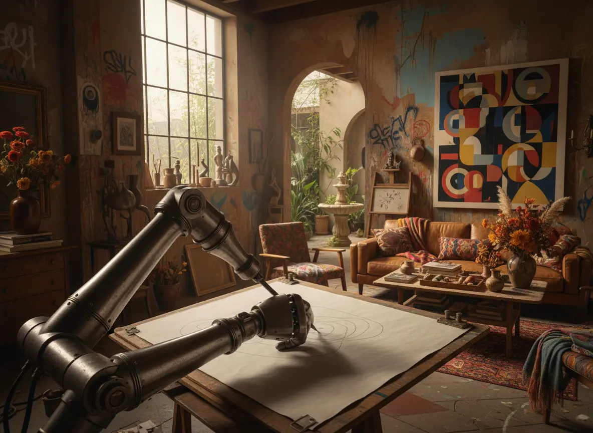 Bras robotique dessinant dans un atelier d’artiste évoquant les premières expériences d’art IA.
