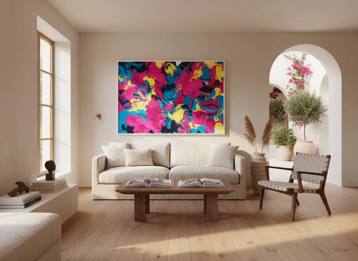 Salon contemporain mettant en scène une œuvre générée par IA au-dessus d’un canapé en lin.