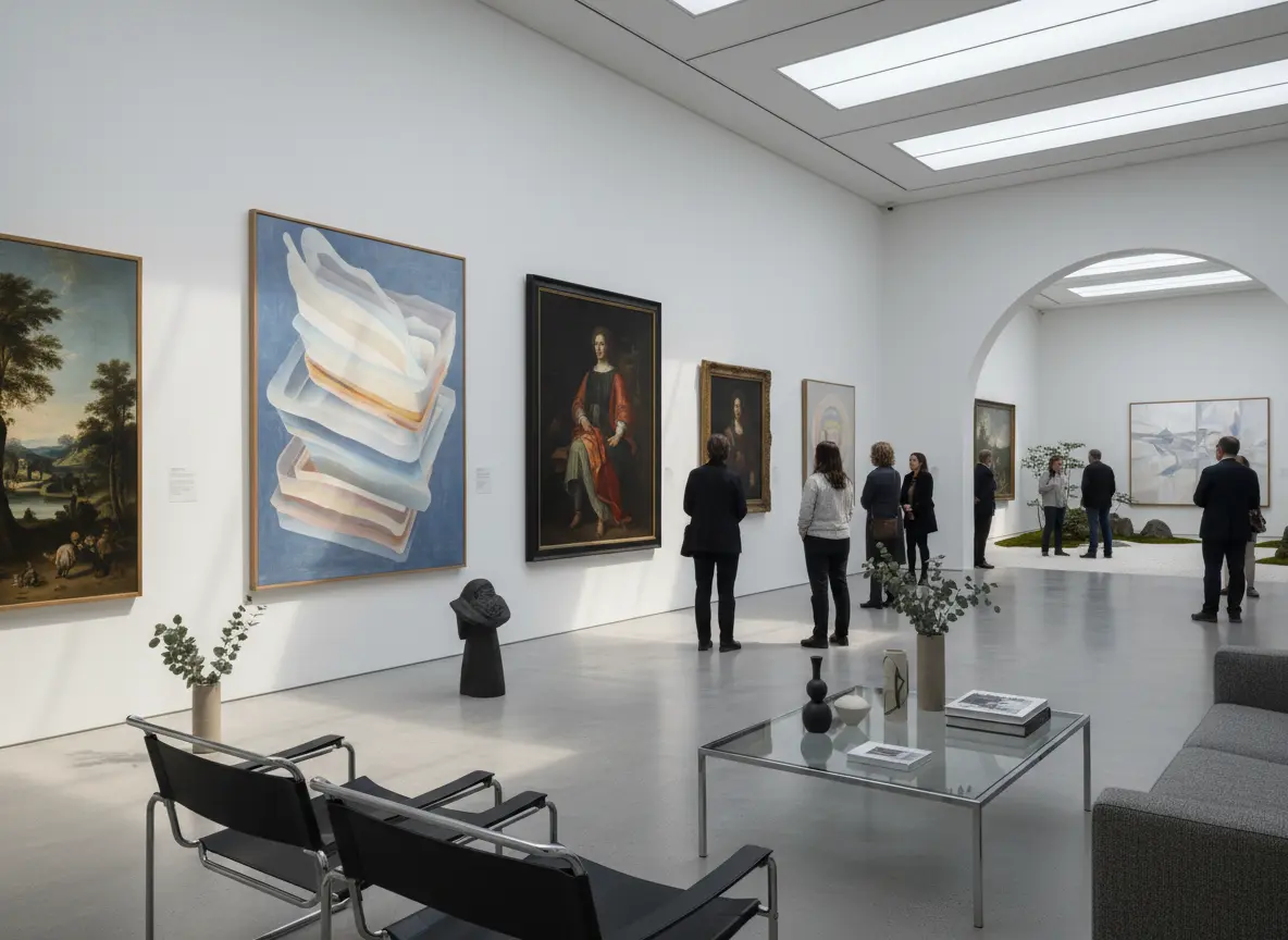 Salle de musée présentant des œuvres IA aux côtés de tableaux classiques sous un même éclairage.