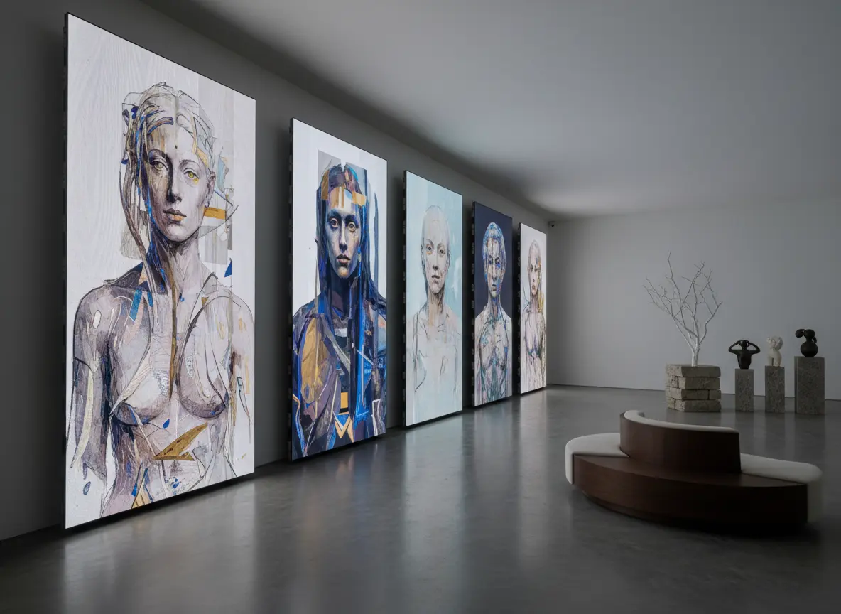 Portraits générés par IA défilant sur des écrans dans une galerie immaculée.
