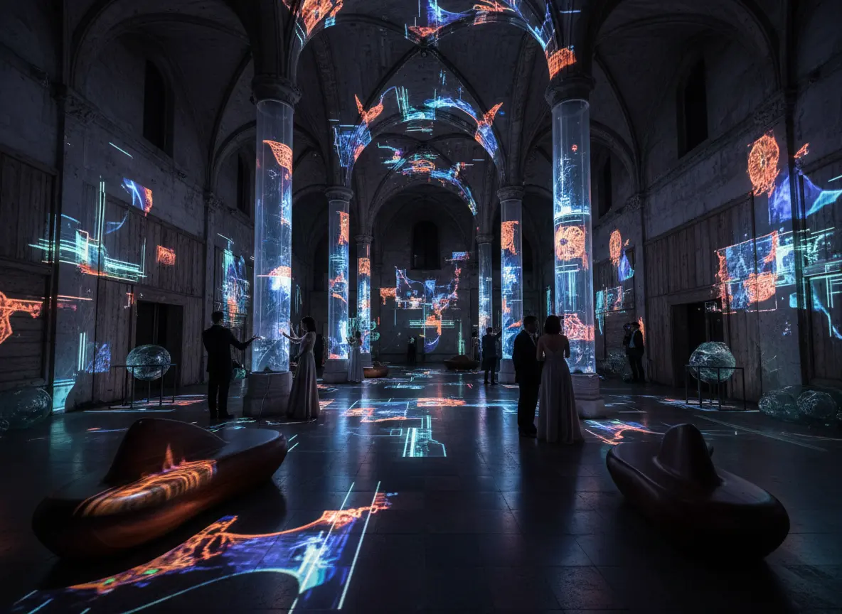 Visiteurs interagissant avec des projections spatiales générées par IA dans une nef d’exposition.