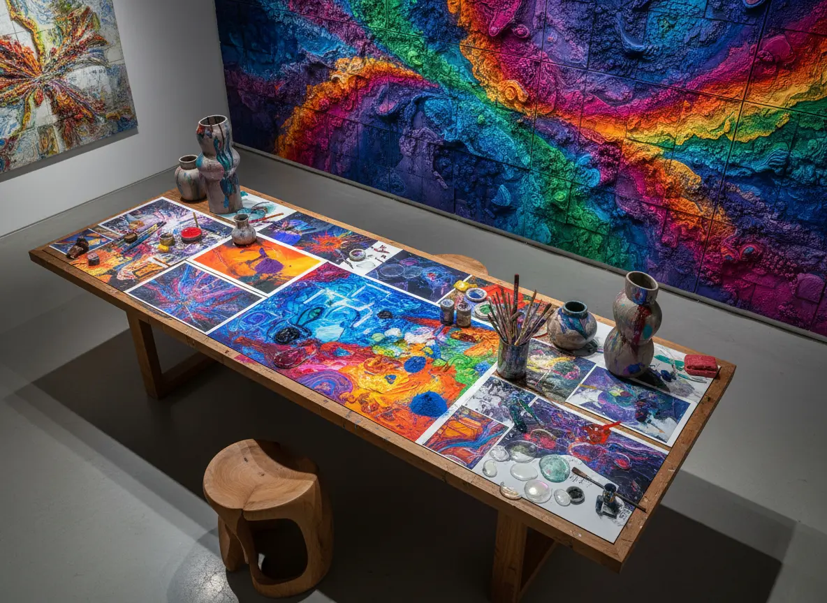 Impressions IA retravaillées à la main dans un atelier-galerie contemporain.