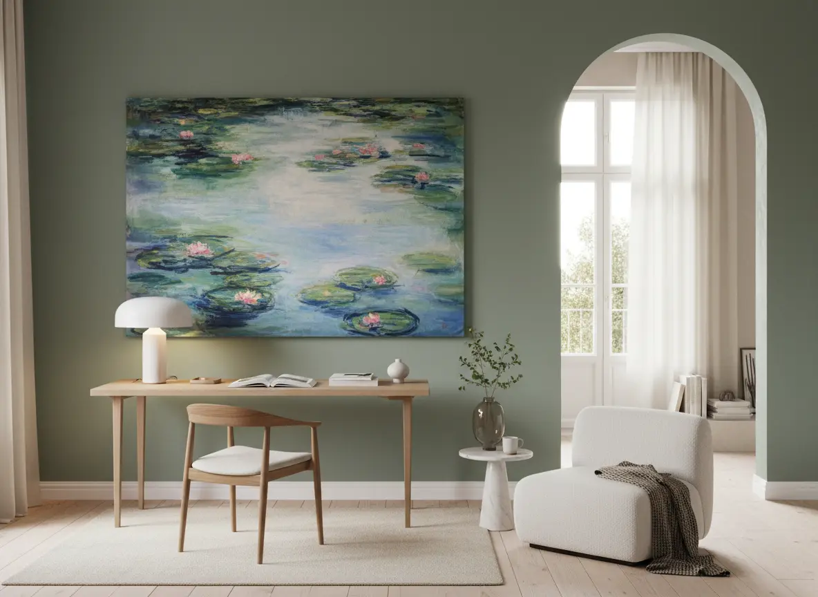 Bureau à domicile avec grande œuvre abstraite verte inspirée des paysages de Monet.