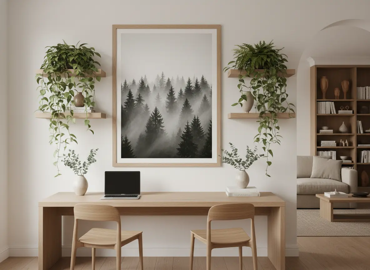 Coin bureau avec photo de forêt brumeuse, plante verte et textures naturelles apaisantes.