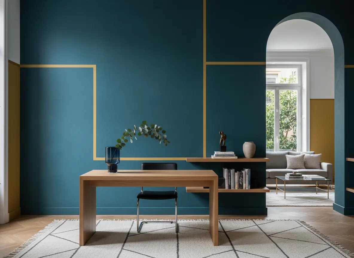 Mur de bureau graphique bleu-vert avec touches de jaune et mobilier minimal en bois.