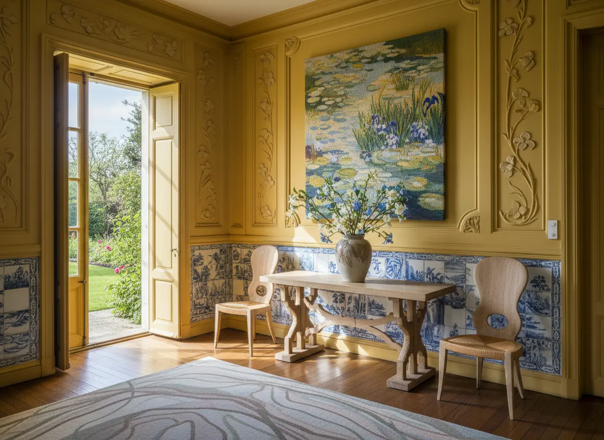 Salle à manger jaune de style Giverny ouverte sur un jardin luxuriant.