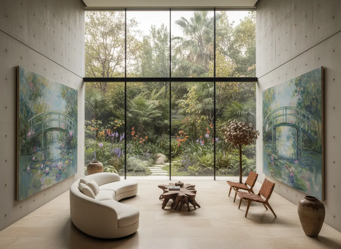 Salon contemporain épuré ouvert sur un jardin luxuriant, orné de toiles impressionnistes.
