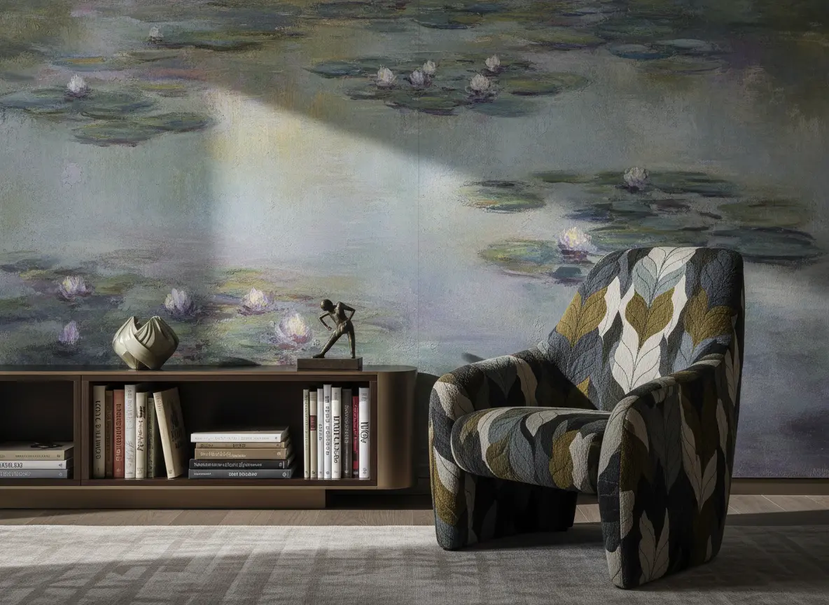 Coin lecture contemporain décoré d’une œuvre murale évoquant les nymphéas de Giverny.