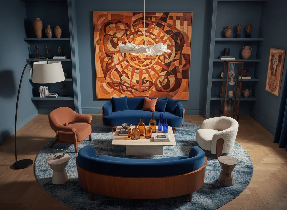 Salon aux murs bleu-gris avec grand tableau orangé et textiles ton sur ton coordonnés.