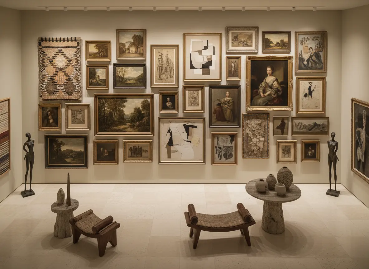 Couloir-galerie aux murs neutres avec œuvres anciennes et contemporaines soigneusement alignées.