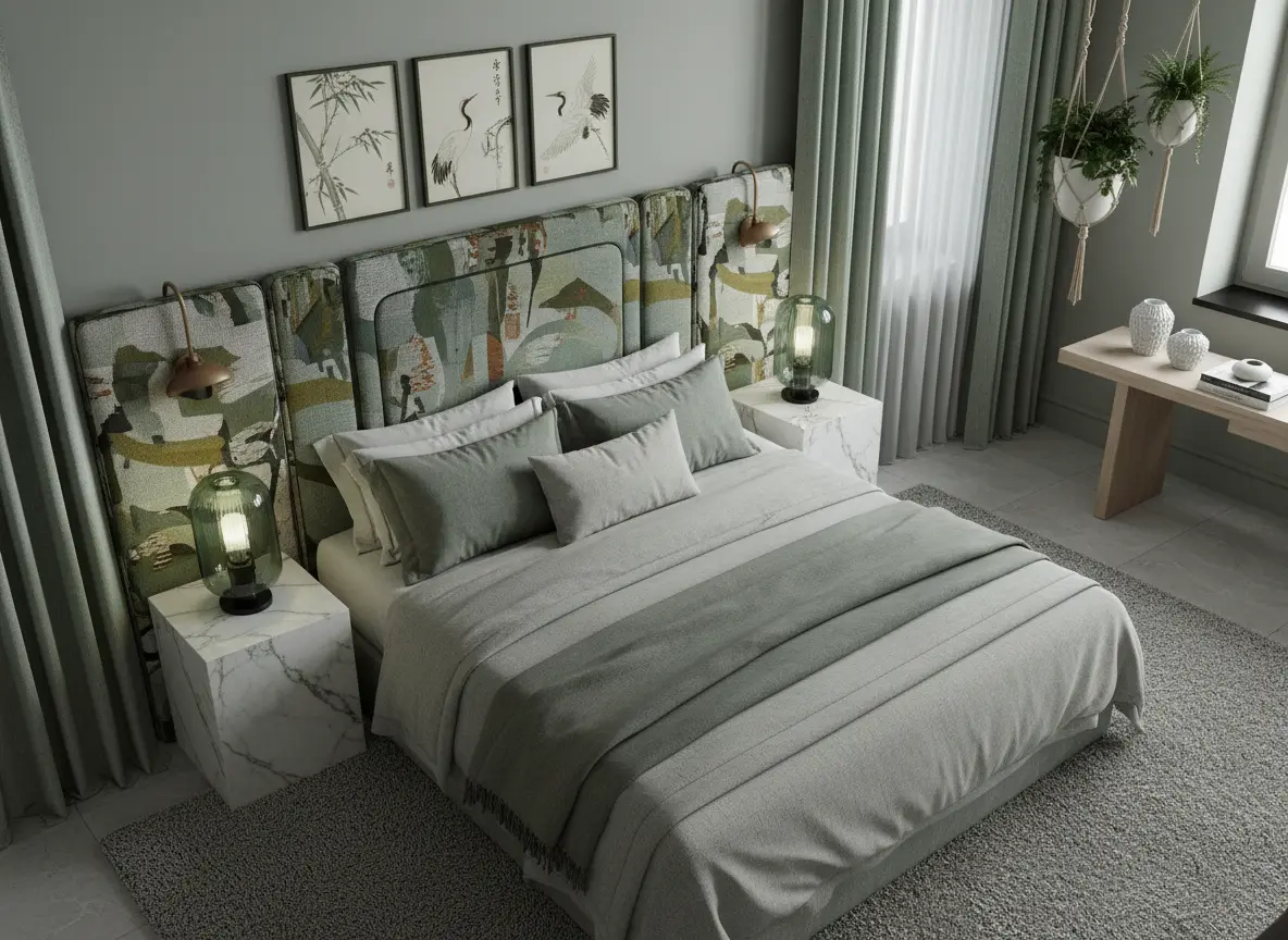 Chambre aux tons vert sauge et gris perle avec petites œuvres graphiques encadrées.