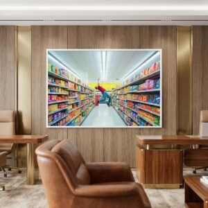 Photographie d'une figure humaine en suspension horizontale au centre d'un environnement commercial symétrique. L'image se concentre sur la désarticulation des membres et la saturation chromatique des produits de grande consommation.