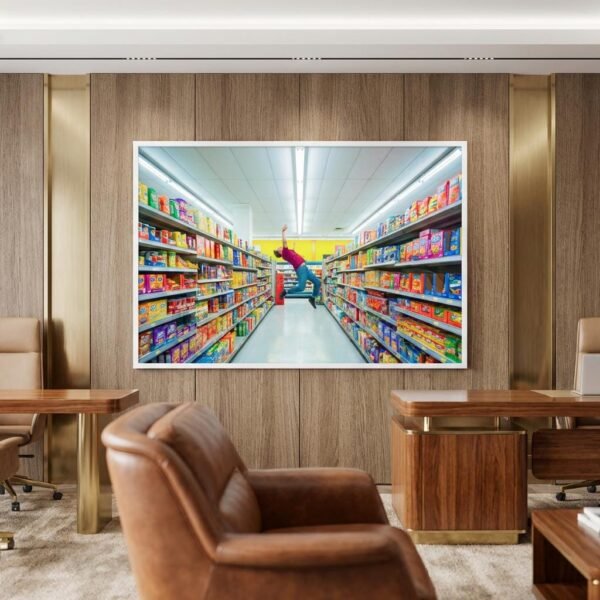 Photographie d'une figure humaine en suspension horizontale au centre d'un environnement commercial symétrique. L'image se concentre sur la désarticulation des membres et la saturation chromatique des produits de grande consommation.