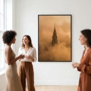 Représentation architecturale d une structure art déco partiellement occultée par des formations vaporeuses denses. Travail sur la disparition de la forme urbaine et la perspective atmosphérique au sommet d un gratte-ciel.