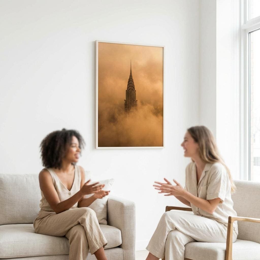 Représentation architecturale d une structure art déco partiellement occultée par des formations vaporeuses denses. Travail sur la disparition de la forme urbaine et la perspective atmosphérique au sommet d un gratte-ciel.