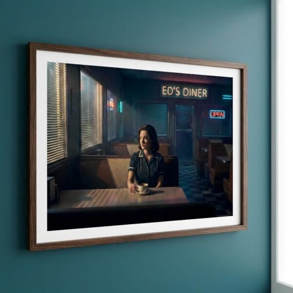 Sous le néon vacillant d'un diner désert, une femme s'égare dans les reflets sombres de son café tandis que le monde extérieur s'efface derrière les persiennes. L'heure est au bilan ou à l'attente, dans ce sanctuaire urbain où chaque ombre semble porter le poids d'un secret non formulé au milieu de la nuit.