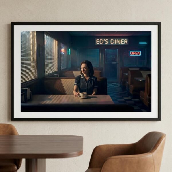 Sous le néon vacillant d'un diner désert, une femme s'égare dans les reflets sombres de son café tandis que le monde extérieur s'efface derrière les persiennes. L'heure est au bilan ou à l'attente, dans ce sanctuaire urbain où chaque ombre semble porter le poids d'un secret non formulé au milieu de la nuit.