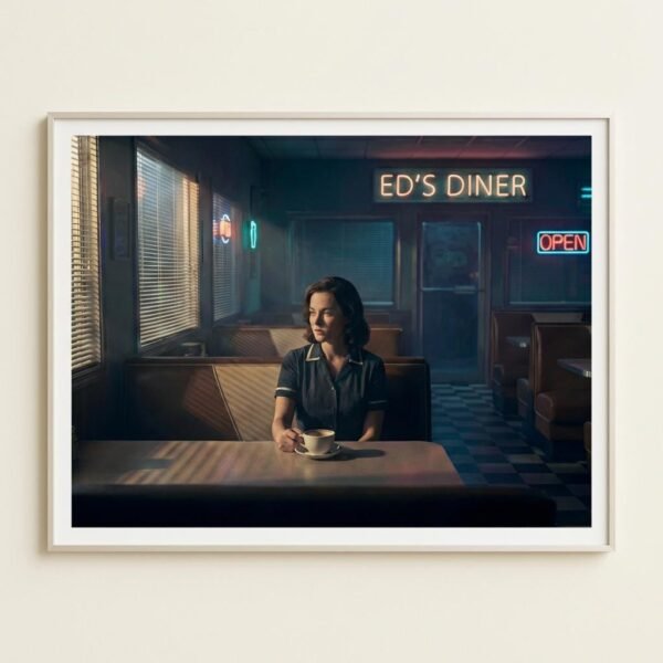 Sous le néon vacillant d'un diner désert, une femme s'égare dans les reflets sombres de son café tandis que le monde extérieur s'efface derrière les persiennes. L'heure est au bilan ou à l'attente, dans ce sanctuaire urbain où chaque ombre semble porter le poids d'un secret non formulé au milieu de la nuit.