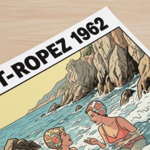 Sous le soleil de plomb de la Côte d'Azur, deux élégantes s'immergent dans l'écume d'une crique secrète. Leurs bonnets à fleurs bravent les vagues tandis qu'un secret s'échange entre les rochers escarpés. Revivez l'élégance intemporelle d'un été 1962, où le temps semble suspendu dans l'eau cristalline de la Méditerranée sauvage.