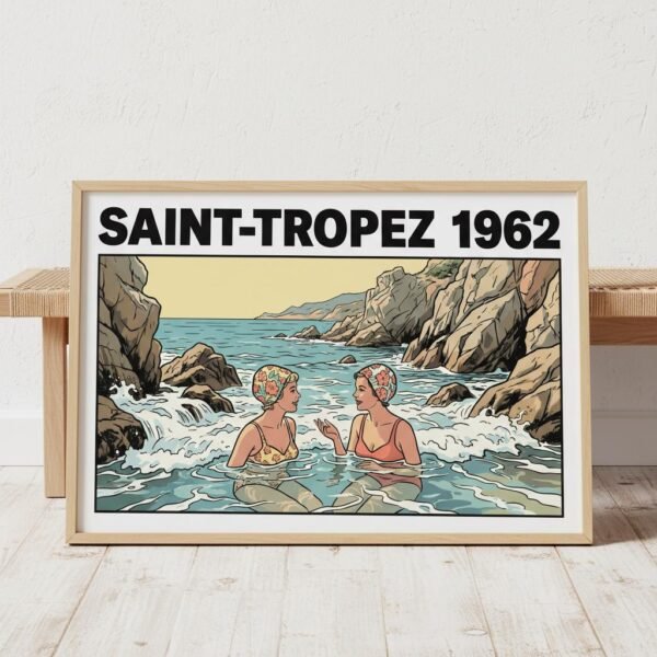 Sous le soleil de plomb de la Côte d'Azur, deux élégantes s'immergent dans l'écume d'une crique secrète. Leurs bonnets à fleurs bravent les vagues tandis qu'un secret s'échange entre les rochers escarpés. Revivez l'élégance intemporelle d'un été 1962, où le temps semble suspendu dans l'eau cristalline de la Méditerranée sauvage.