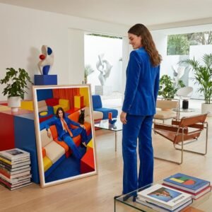 Dans une pièce où chaque couleur semble avoir été choisie comme un argument, une femme s'étale avec l'assurance tranquille de quelqu'un qui n'a plus rien à prouver. À ses côtés, un chat noir observe. L'espace autour d'elle n'est pas un décor — c'est un manifeste silencieux.