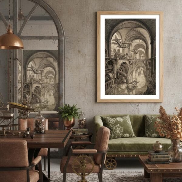 Sous des voûtes de pierre millénaire, une cité respire. Des voiles glissent sur un canal intérieur, des biplans frôlent les arcs de tuf, et d'immenses engrenages rythment une mécanique sans ciel. Ici, la machine est le monde, et le monde est une machine qui s'ignore.