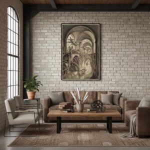 Sous des voûtes de pierre millénaire, une cité respire. Des voiles glissent sur un canal intérieur, des biplans frôlent les arcs de tuf, et d'immenses engrenages rythment une mécanique sans ciel. Ici, la machine est le monde, et le monde est une machine qui s'ignore.