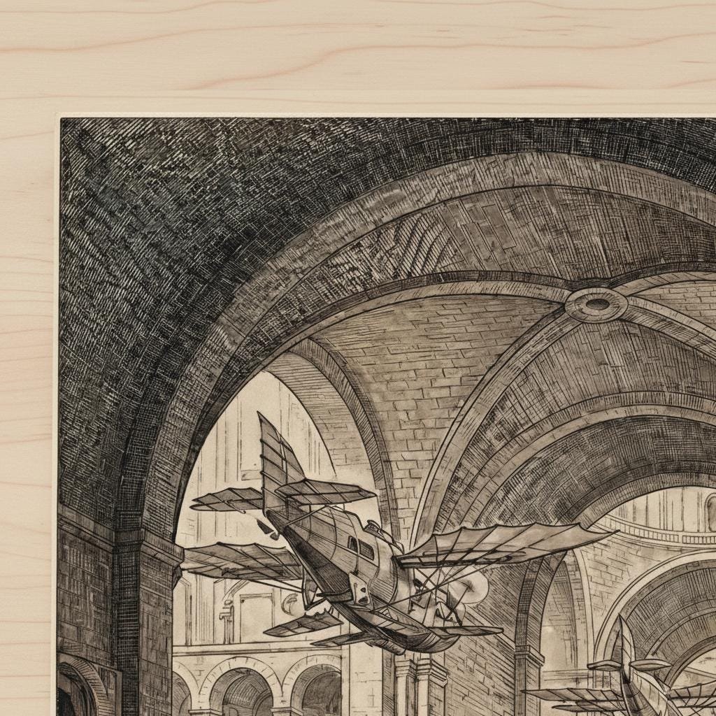 Sous des voûtes de pierre millénaire, une cité respire. Des voiles glissent sur un canal intérieur, des biplans frôlent les arcs de tuf, et d