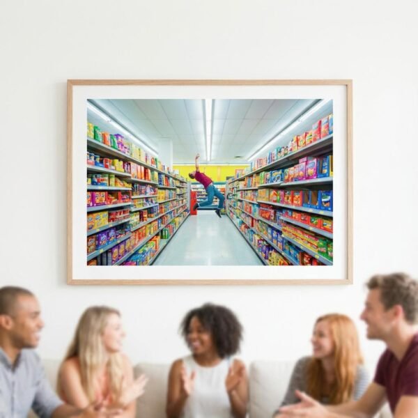 Photographie d'une figure humaine en suspension horizontale au centre d'un environnement commercial symétrique. L'image se concentre sur la désarticulation des membres et la saturation chromatique des produits de grande consommation.