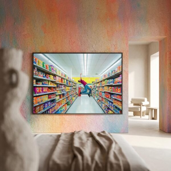 Photographie d'une figure humaine en suspension horizontale au centre d'un environnement commercial symétrique. L'image se concentre sur la désarticulation des membres et la saturation chromatique des produits de grande consommation.